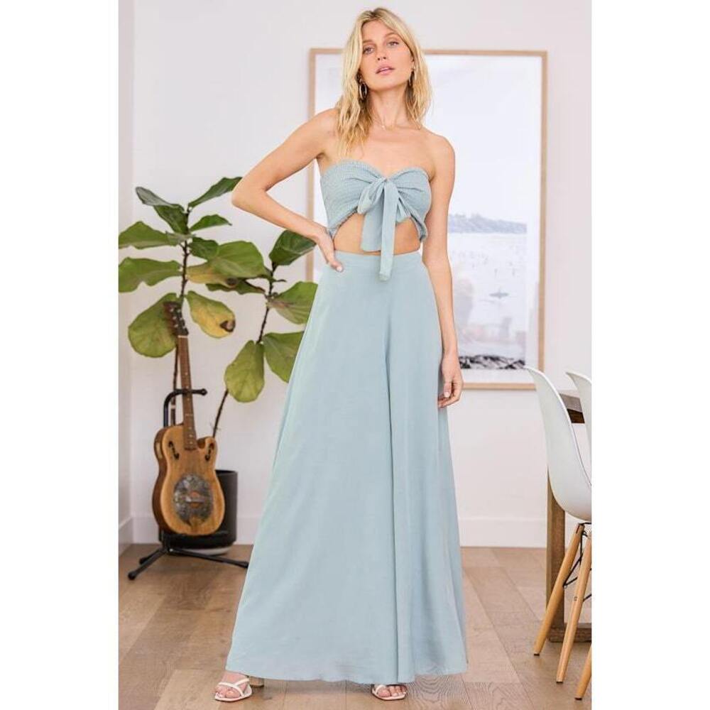Lulus Seaside To Shore Sage Green Strapless Two-piece Jumpsuit - Size L